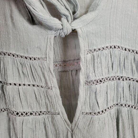 O.L.M. Medium Green Top Front Tie Gauze BOHO flutter sleeves crochet hippie EUC - Picture 5 of 10